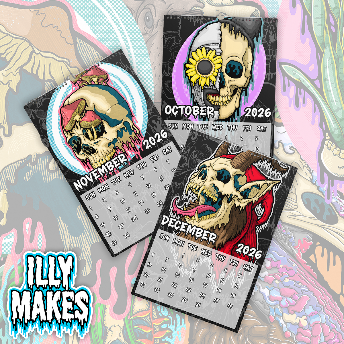 Preview of the 2026 Drippy Skull Art Wall Calendar showing October, November, and December pages with spooky seasonal skull artwork.