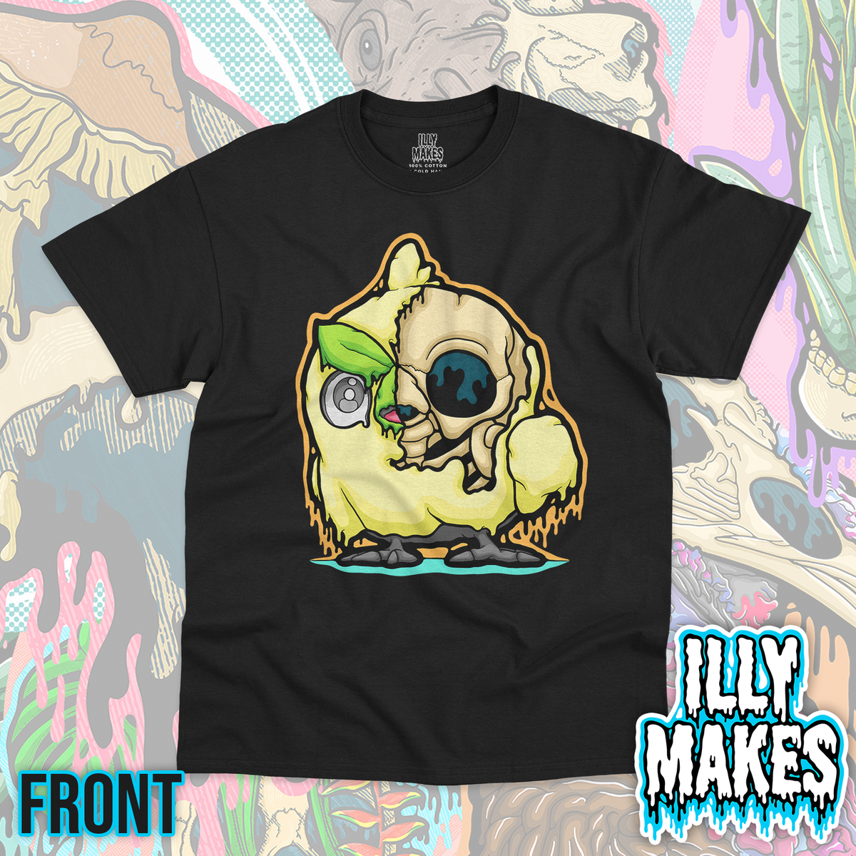 Black unisex tee featuring the Drippy Browt Skeleton design by Illymakes, with a plant bird-inspired skeleton, leafy details, and bold dripping accents.