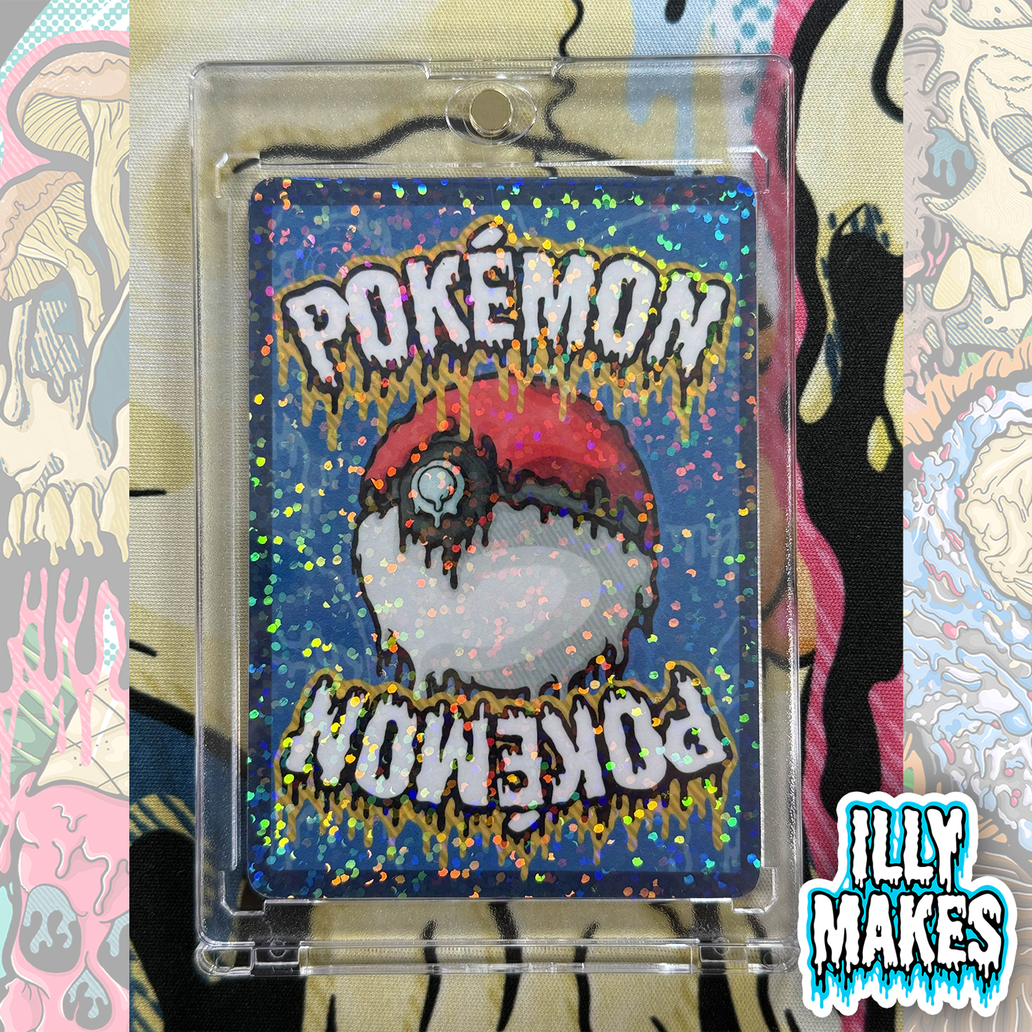 Handmade custom trading card sealed inside a clear magnetic slab case for collecting and display.
