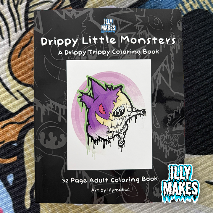 Front cover of Drippy Little Monsters: A Drippy Trippy Coloring Book featuring a purple drippy monster skull illustration on a dark patterned background.