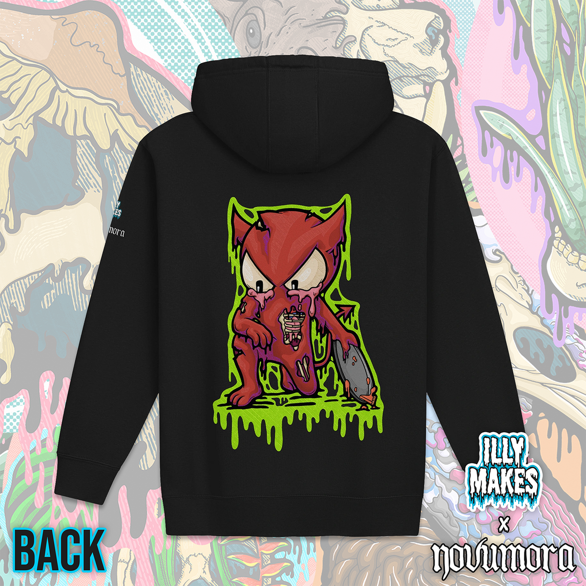 Back of a black NOVUMORA x Illymakes collab hoodie featuring Shecky, NOVUMORA’s red mascot, with green dripping details and a fallen pie.