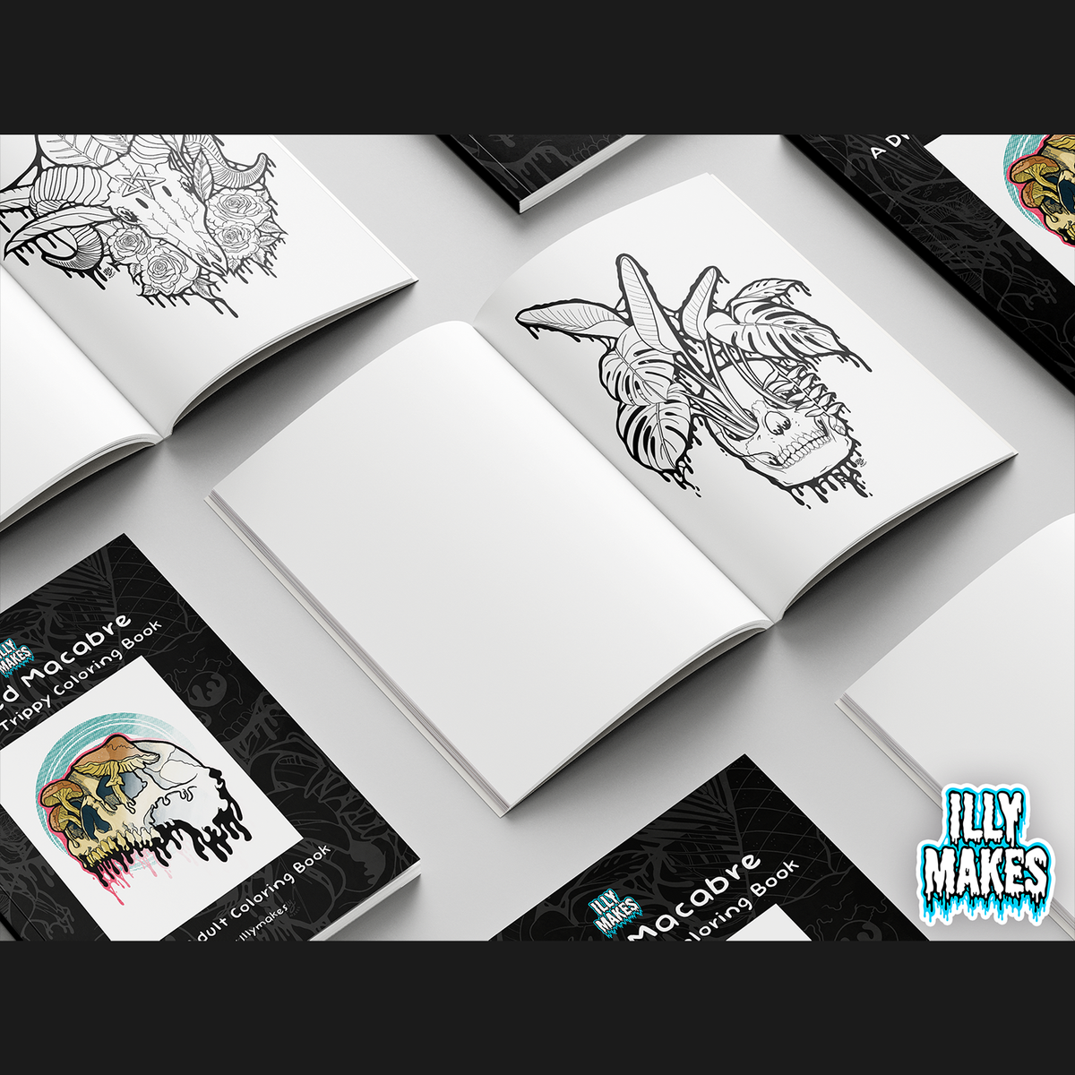Open copy of Melted Macabre showing a botanical skull coloring page, surrounded by additional book cover mockups and Illymakes branding.