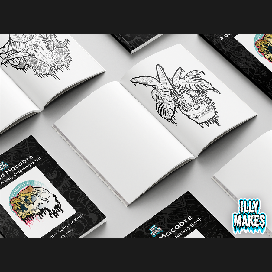 Open copy of Melted Macabre showing a botanical skull coloring page, surrounded by additional book cover mockups and Illymakes branding.
