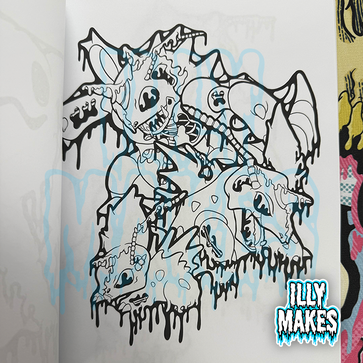 Interior coloring page from Drippy Little Monsters featuring a detailed group of drippy monster skulls and skeleton-inspired creature designs.