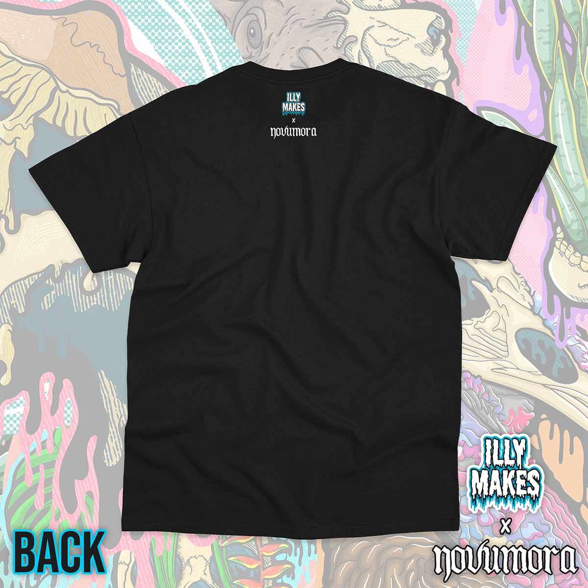 Back of a plain black unisex tee with small Illymakes and NOVUMORA logos printed at the top center below the collar.