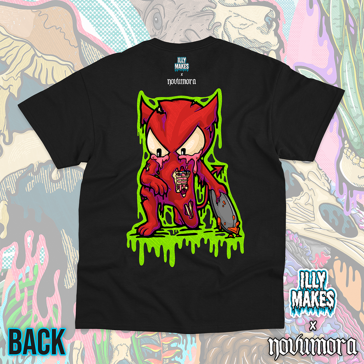 Back of a black unisex tee featuring Shecky, NOVUMORA’s red mascot, with green dripping details, a fallen pie, and small Illymakes x NOVUMORA logos below the collar.