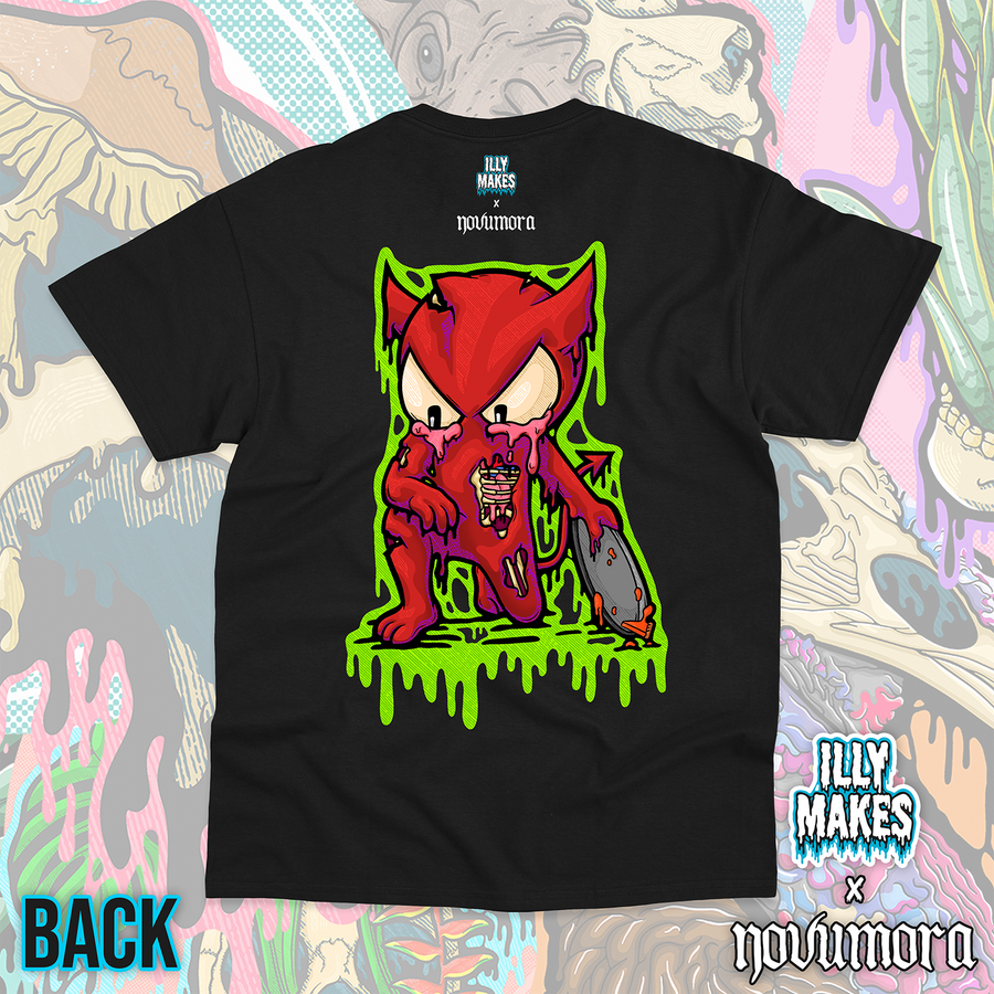 Back of a black unisex tee featuring Shecky, NOVUMORA’s red mascot, with green dripping details, a fallen pie, and small Illymakes x NOVUMORA logos below the collar.