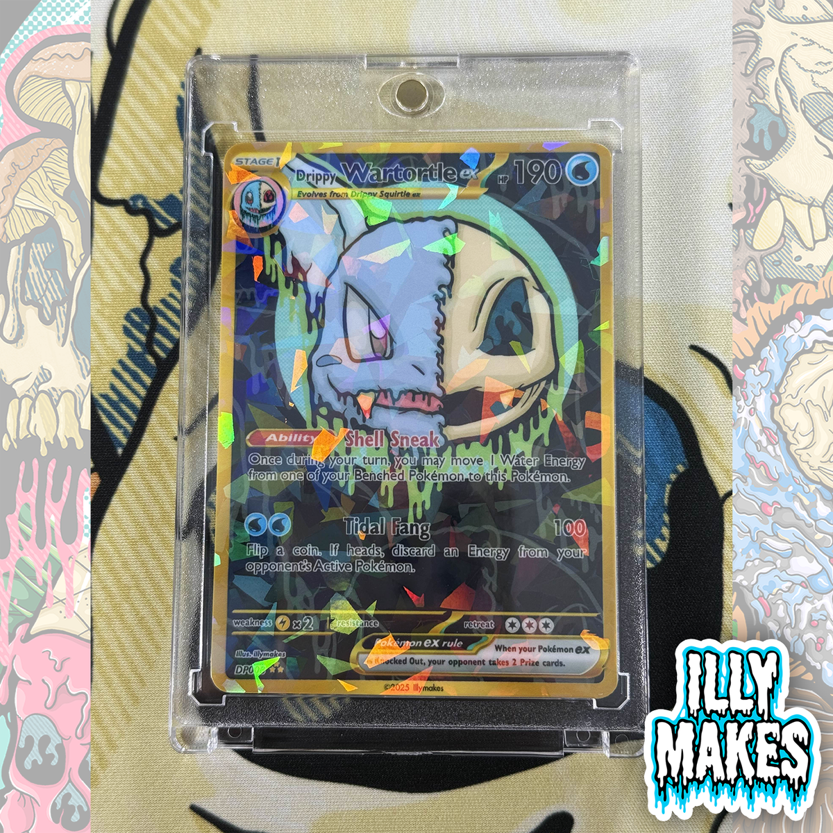 Handmade Drippy Wartortle Skull EX-style trading card with holo laminate, gold-style border, magnetic slab case, and original fan art by Illymakes.