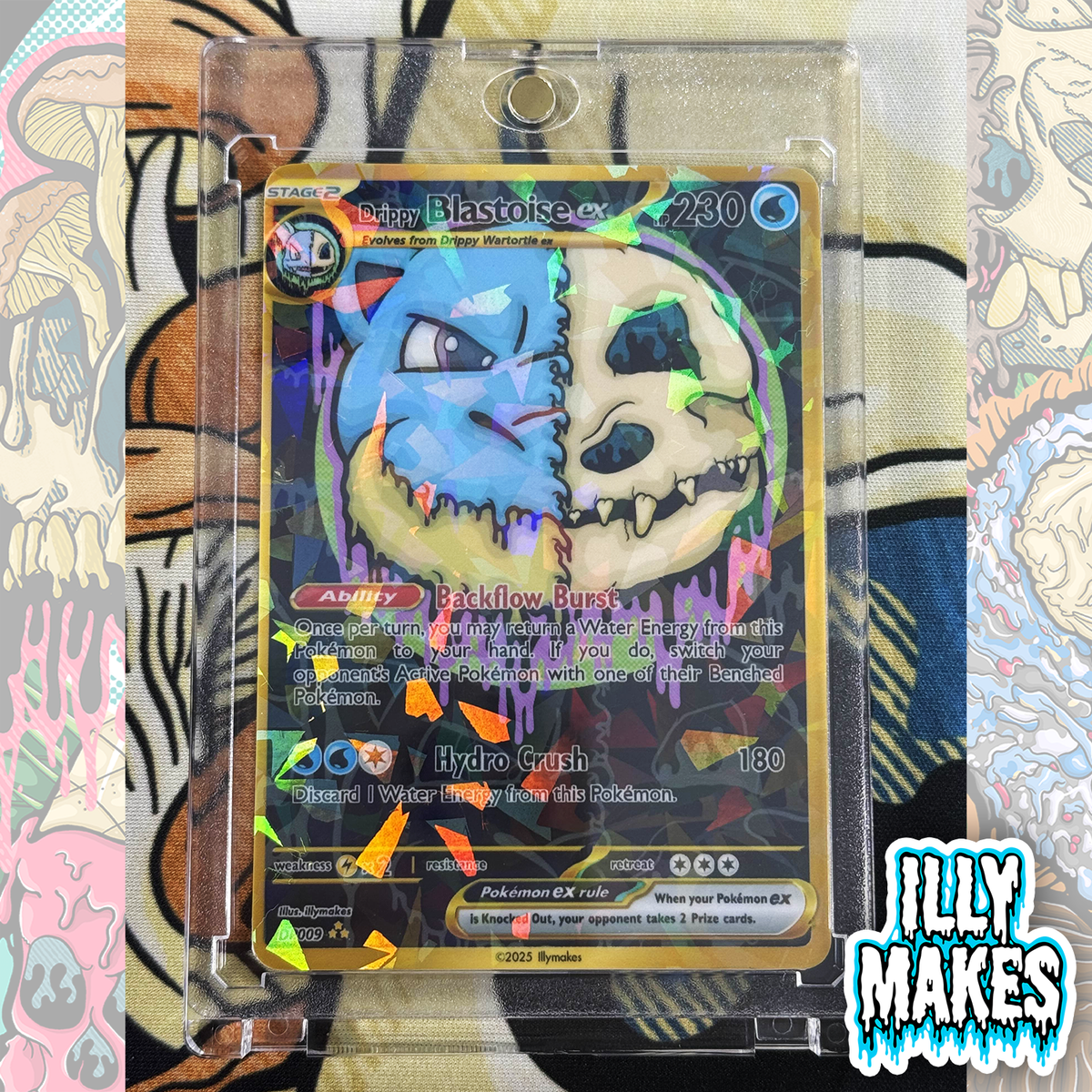 Handmade Drippy Blastoise Skull EX-style custom trading card with water-type skull artwork, cannons, gold-style border, holographic finish, and magnetic slab case.