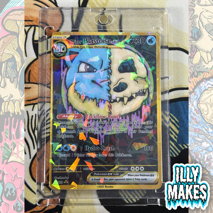 Handmade Drippy Blastoise Skull EX-style custom trading card with water-type skull artwork, cannons, gold-style border, holographic finish, and magnetic slab case.