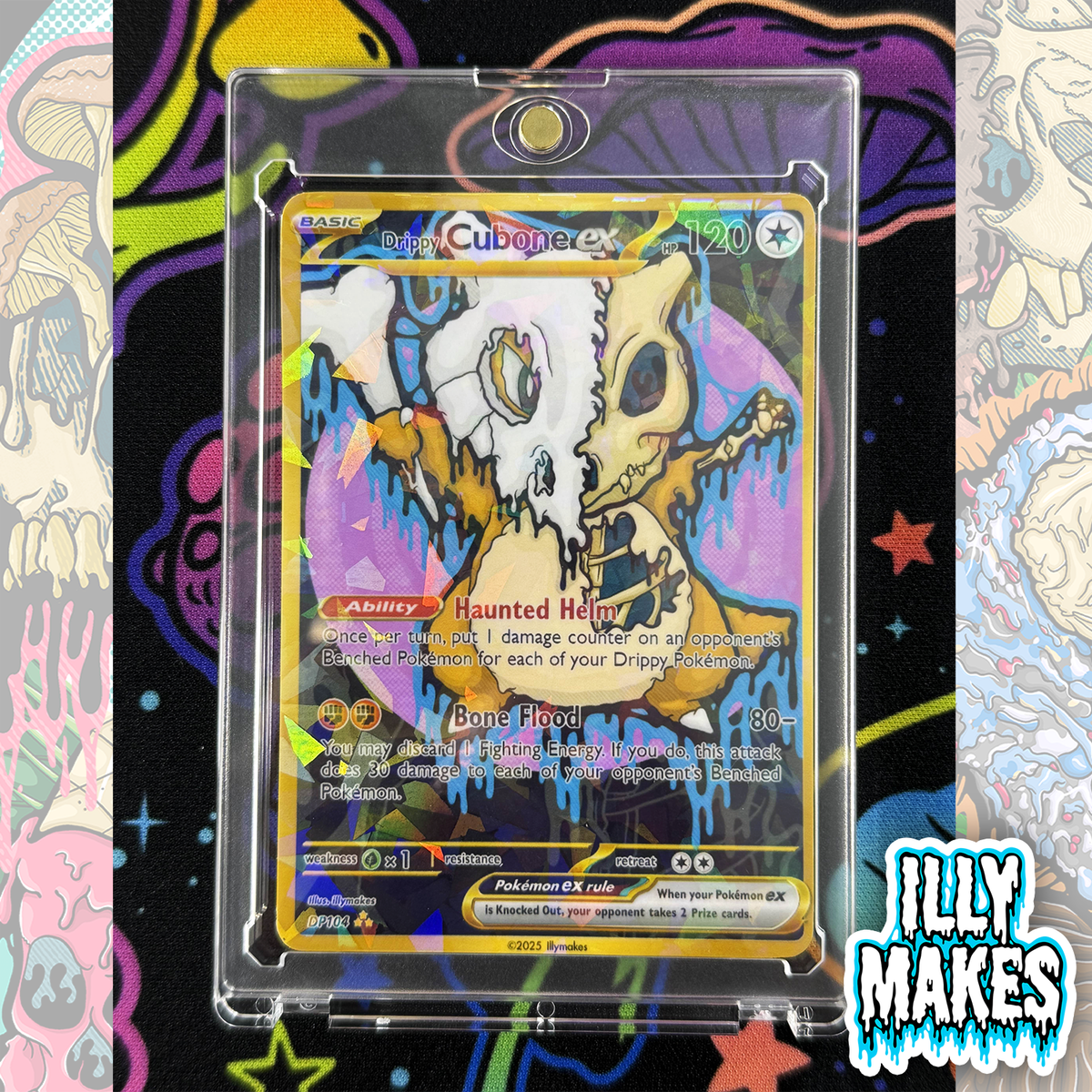 Handmade Drippy Cubone Skeleton EX-style custom trading card with fighting-type skeleton artwork, gold-style border, holographic finish, and magnetic slab case.