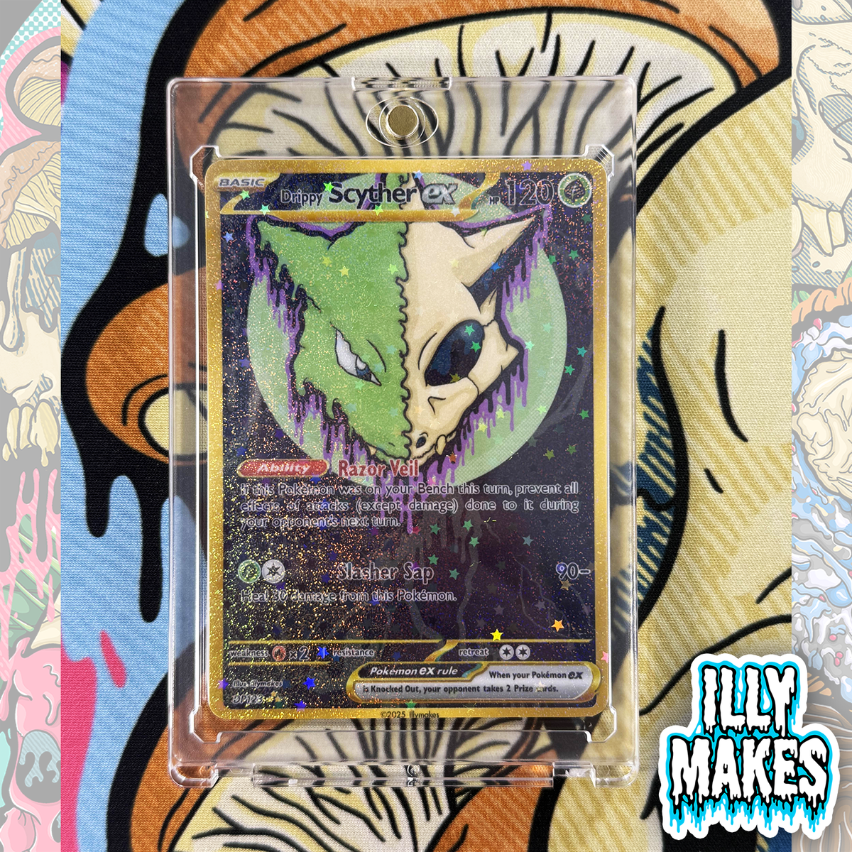 Handmade Drippy Scyther Skull EX-style custom trading card with grass-type skull artwork, blade-like claws, gold-style border, holographic finish, and magnetic slab case.