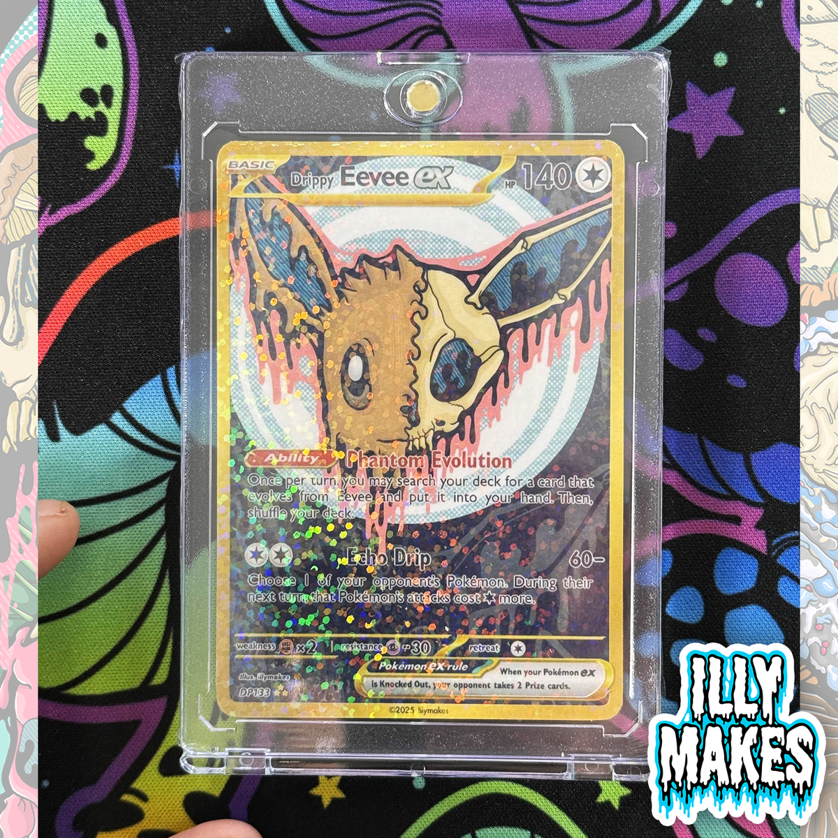 Handmade Drippy Eevee Skull EX-style custom trading card with spooky skull artwork, gold-style border, holographic finish, and magnetic slab case.