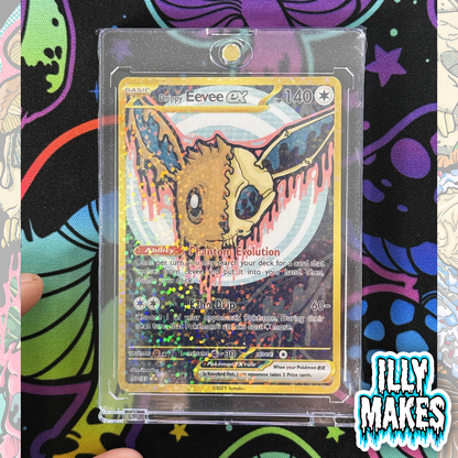 Handmade Drippy Eevee Skull EX-style custom trading card with spooky skull artwork, gold-style border, holographic finish, and magnetic slab case.