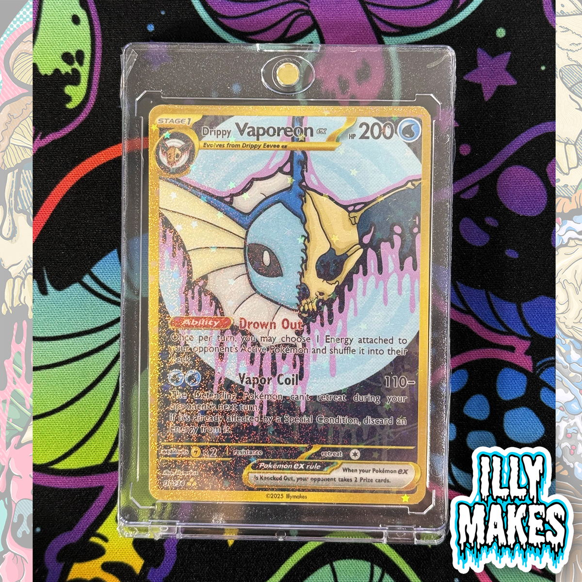 Handmade Drippy Vaporeon Skull EX-style custom trading card with water-type skull artwork, gold-style border, holographic finish, and magnetic slab case.