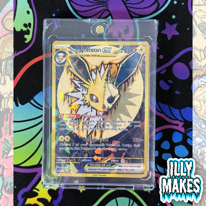 Handmade Drippy Jolteon Skull EX-style custom trading card with electric-type skull artwork, gold-style border, holographic finish, and magnetic slab case.