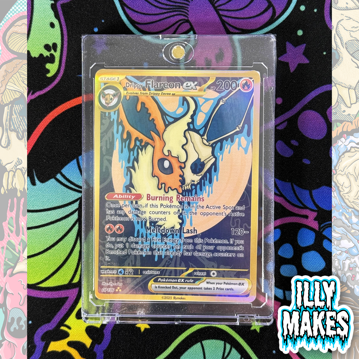 Handmade Drippy Flareon Skull EX-style custom trading card with fire-type skull artwork, gold-style border, holographic finish, and magnetic slab case.