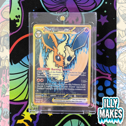 Handmade Drippy Flareon Skull EX-style custom trading card with fire-type skull artwork, gold-style border, holographic finish, and magnetic slab case.
