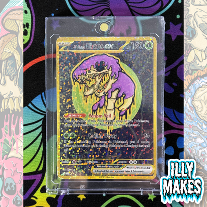 Handmade Drippy Ekans Skeleton EX-style custom trading card with spooky snake skeleton artwork, gold-style border, holographic finish, and magnetic slab case.