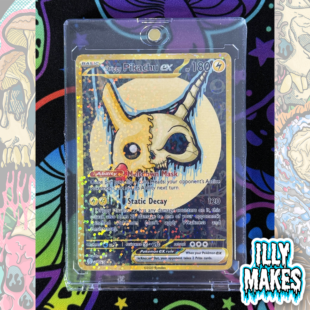 Handmade Drippy Pikachu Skull EX-style custom trading card with electric-type skull artwork, gold-style border, holographic finish, and magnetic slab case.