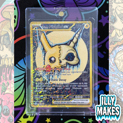 Handmade Drippy Pikachu Skull EX-style custom trading card with electric-type skull artwork, gold-style border, holographic finish, and magnetic slab case.
