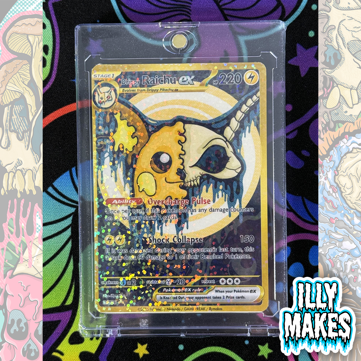 Handmade Drippy Raichu Skull EX-style custom trading card with electric-type skull artwork, gold-style border, holographic finish, and magnetic slab case.