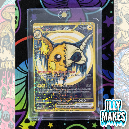 Handmade Drippy Raichu Skull EX-style custom trading card with electric-type skull artwork, gold-style border, holographic finish, and magnetic slab case.