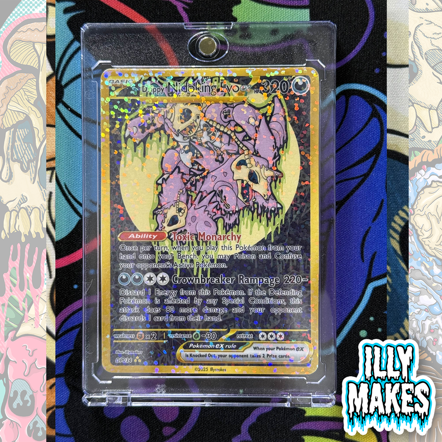 Handmade Drippy Nidoking Evo EX-style custom trading card with Nidoking-inspired skull artwork, gold-style border, holographic finish, and magnetic slab case.