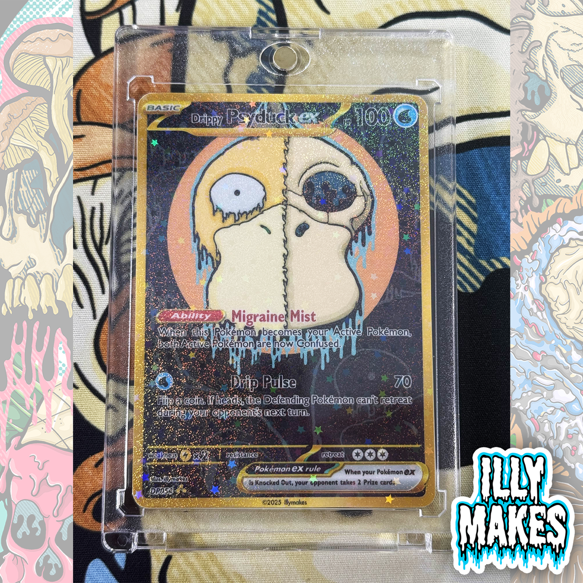 Handmade Drippy Psyduck Skull EX-style custom trading card with water-type skull artwork, gold-style border, holographic finish, and magnetic slab case.