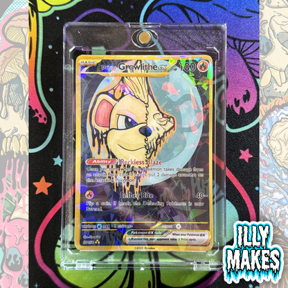 Handmade Drippy Growlithe Skull EX-style custom trading card with fire-type skull artwork, gold-style border, holographic finish, and magnetic slab case.
