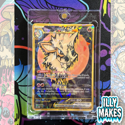 Handmade Drippy Arcanine Skull EX-style custom trading card with fire-type skull artwork, gold-style border, holographic finish, and magnetic slab case.