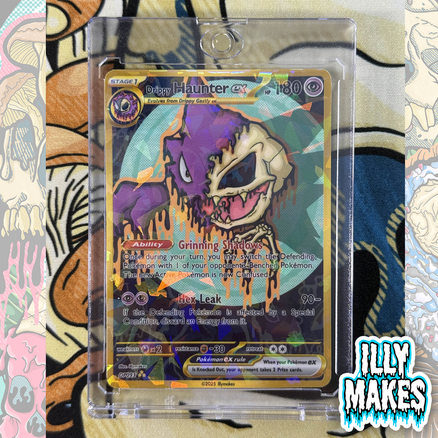 Handmade Drippy Haunter Skull EX-style custom trading card with ghost-inspired skull artwork, gold-style border, holographic finish, and magnetic slab case.