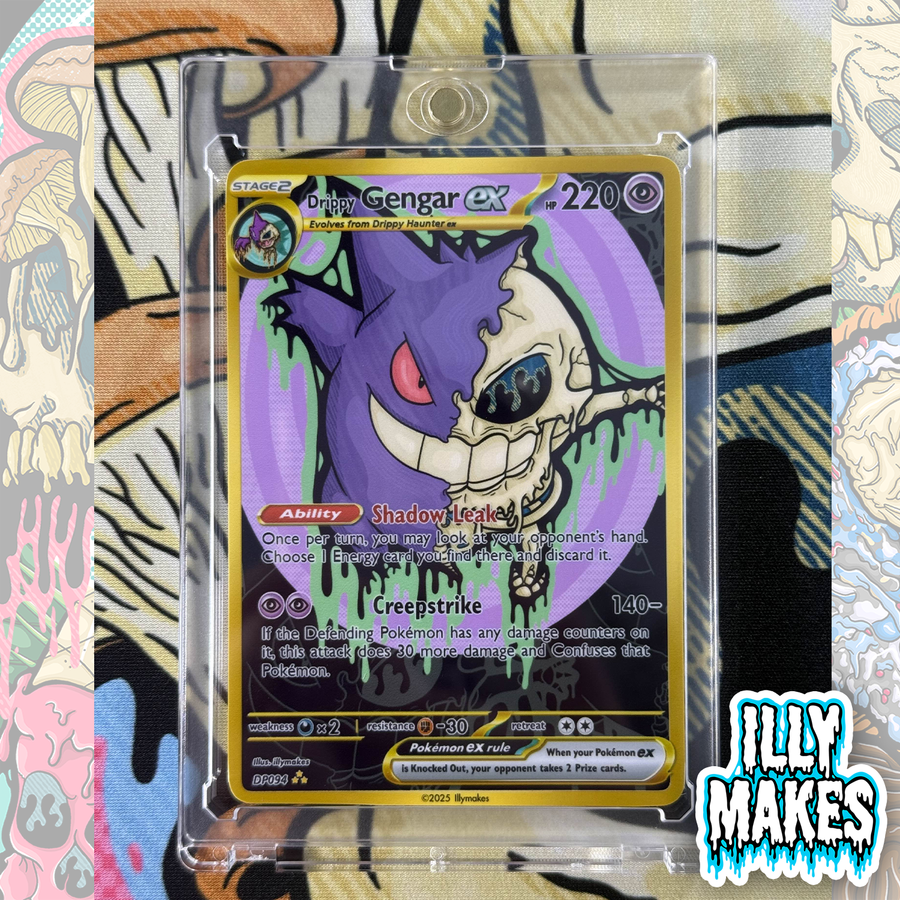 Handmade Drippy Gengar Skull EX-style custom trading card with purple ghost-inspired skull artwork, gold-style border, holographic finish, and magnetic slab case.