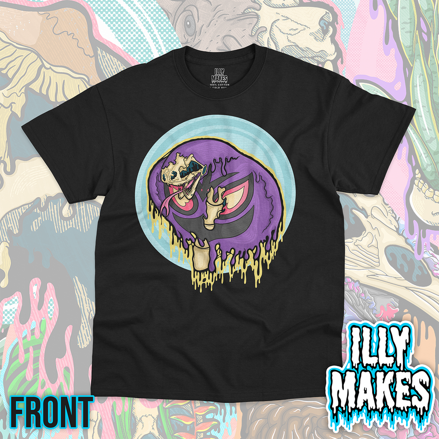 Black unisex tee featuring the Drippy Purple Cobra Skull design by Illymakes, with a coiled purple cobra, skull details, yellow dripping accents, and a light blue circular background.