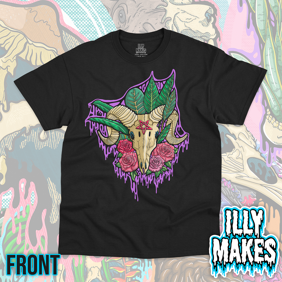 Black unisex tee featuring the Drippy Baphomet Skull 1 design by Illymakes, with a horned skull, green leaves, pink roses, purple dripping details, and an occult symbol on the forehead.