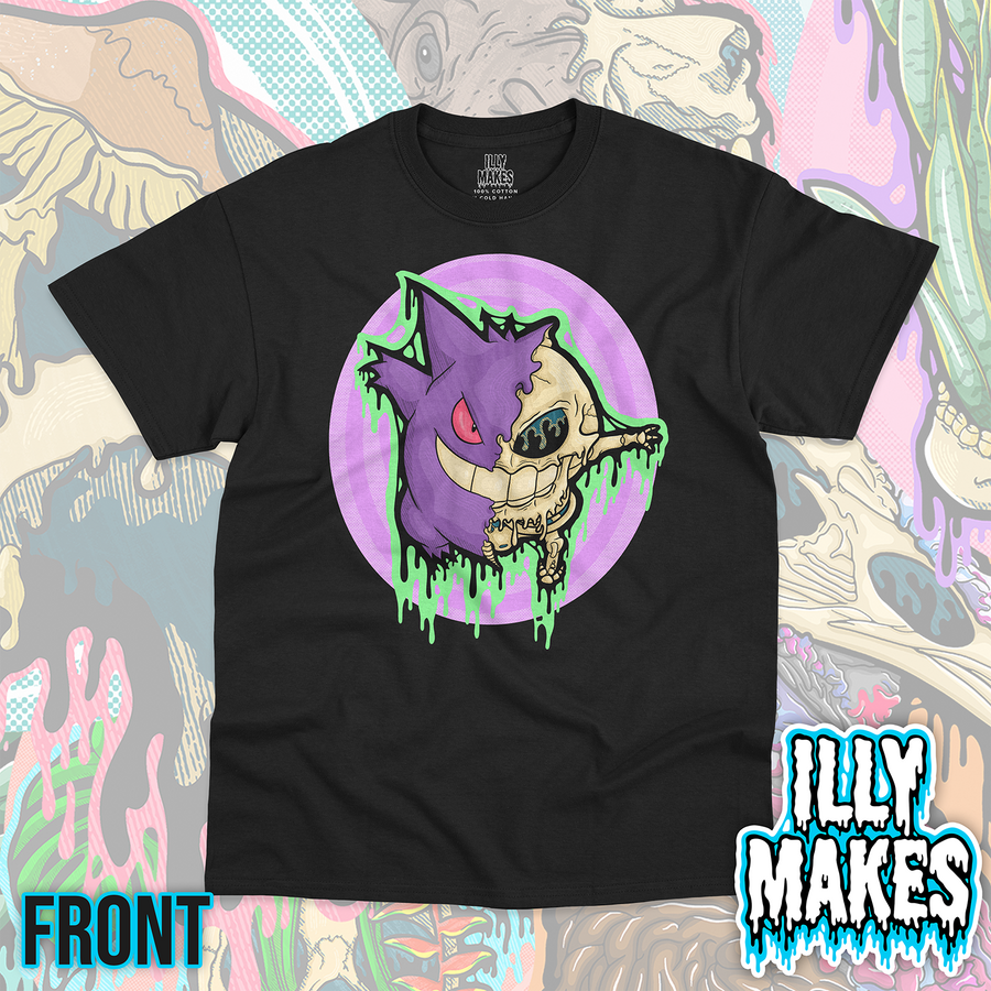 Black unisex tee featuring the Drippy Ghost Monster Skull design by Illymakes, with a purple ghost-like creature merged with a skull, green dripping details, and a purple circular background.
