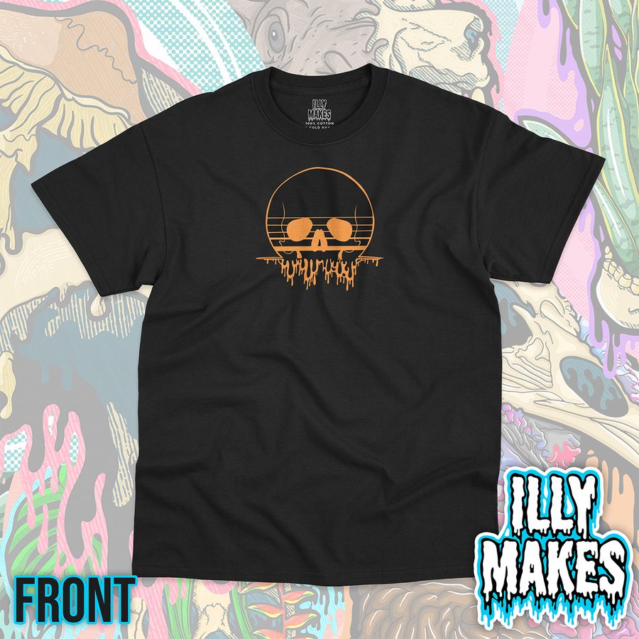 Black unisex tee featuring the Drippy Horizon Sunset Skull design by Illymakes, with an orange skull, retro sunset horizon lines, and dripping details.