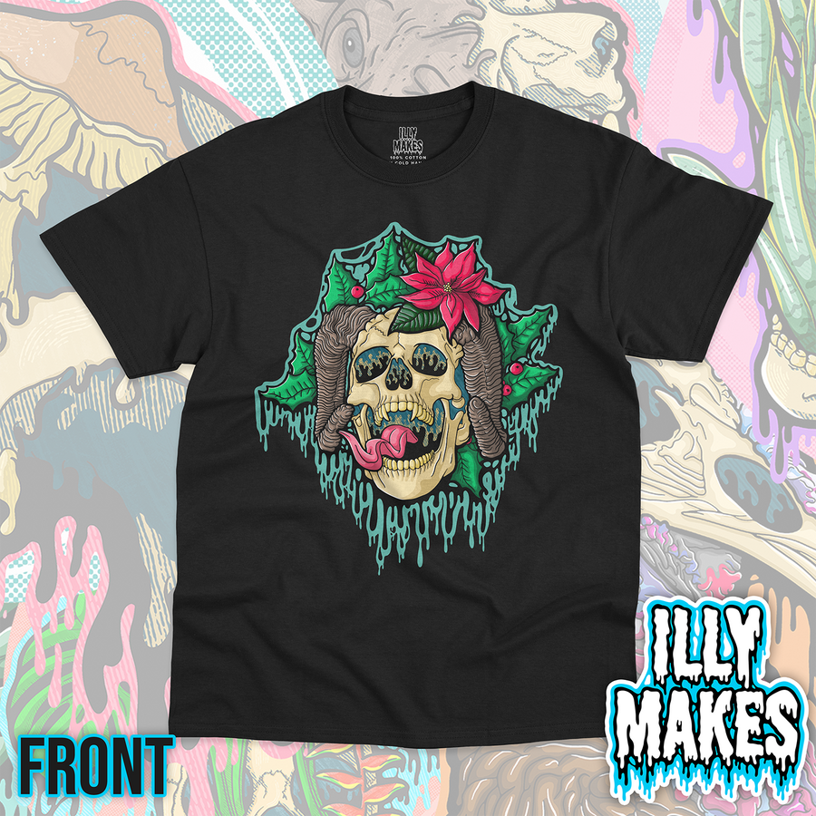 Black unisex tee featuring the Drippy Krampus Skull 1 design by Illymakes, with a horned skull, holly leaves, red poinsettia, long tongue, and teal dripping details.