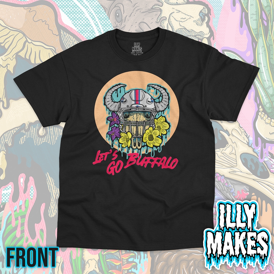 Black unisex tee featuring the Buffalo Game Day Skull design by Illymakes, with a horned football helmet skull, yellow flowers, teal dripping details, and pink “Let’s Go Buffalo” lettering.