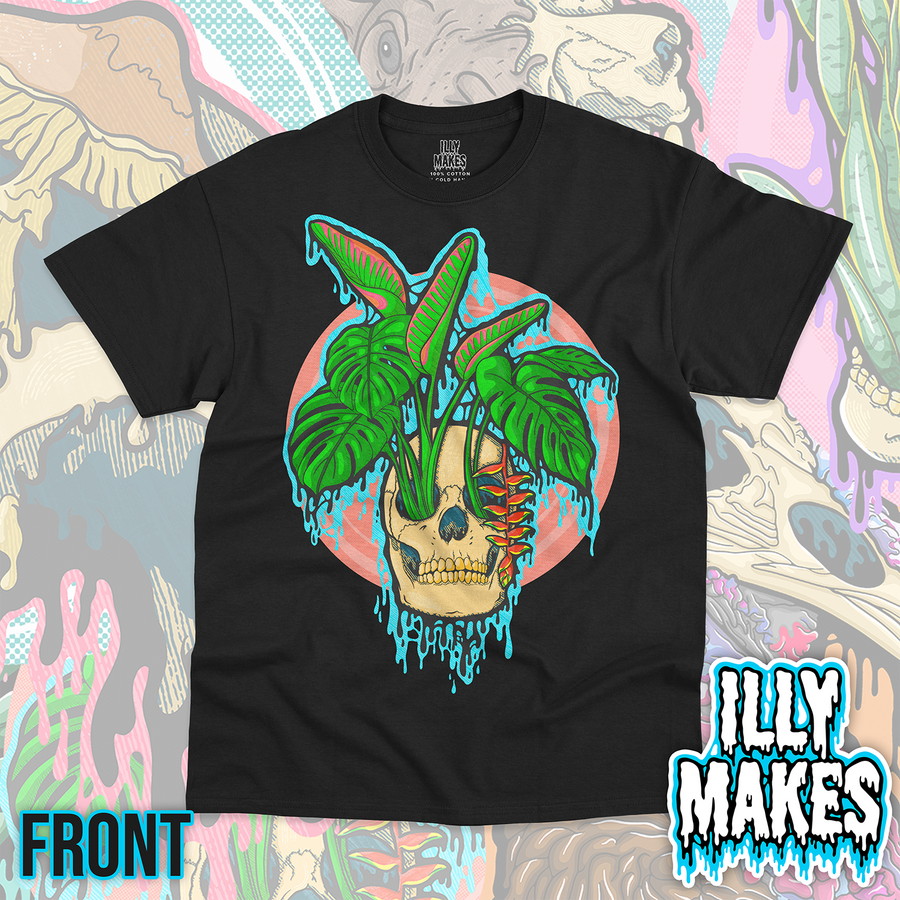 Black unisex tee featuring the Drippy Tropical Skull 1 design by Illymakes, with a skull, bright green tropical leaves, blue dripping details, and a coral circular background.