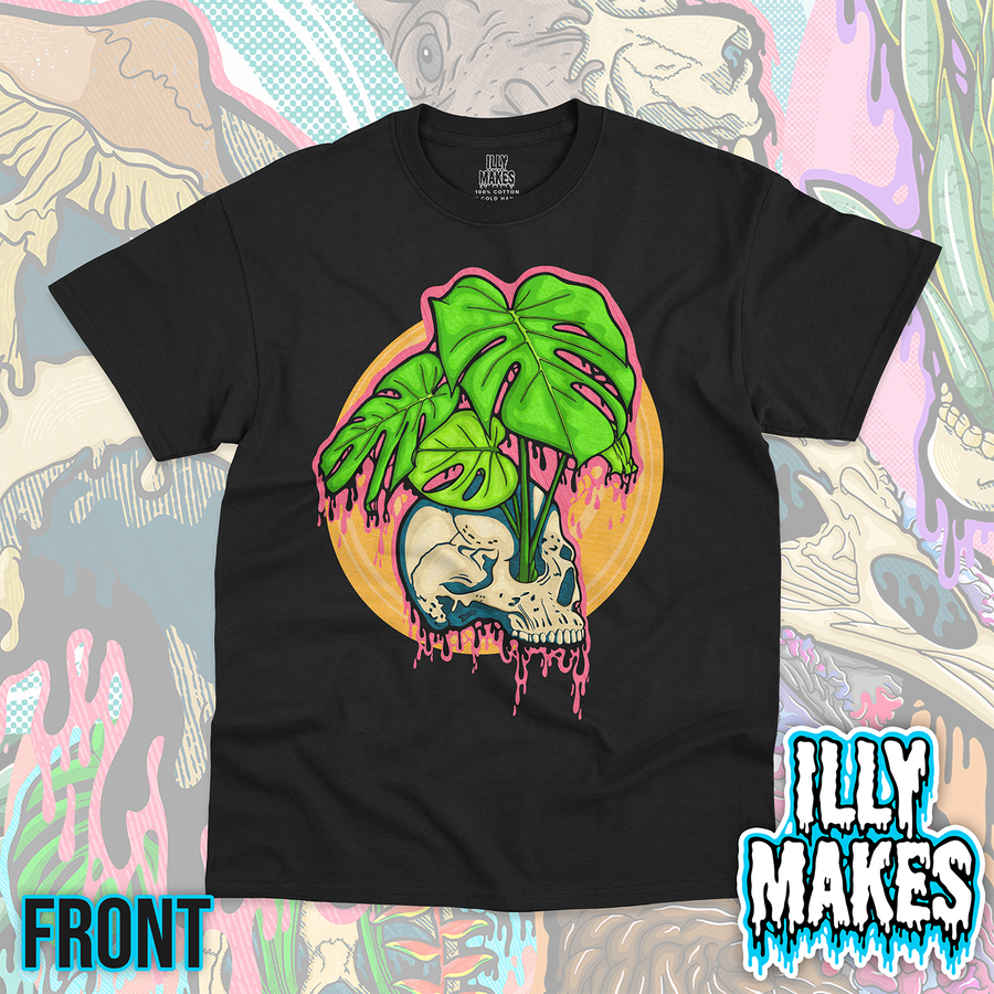 Black unisex tee featuring the Drippy Monstera Skull 1 design by Illymakes, with a skull, bright green monstera leaves, pink dripping details, and a warm yellow circular background.