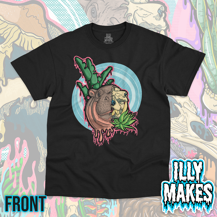 Black unisex tee featuring the Drippy Baby Hippo Skull design by Illymakes, with a half hippo face and skull, green tropical leaves, a small succulent, teal circular background, and pink dripping details.