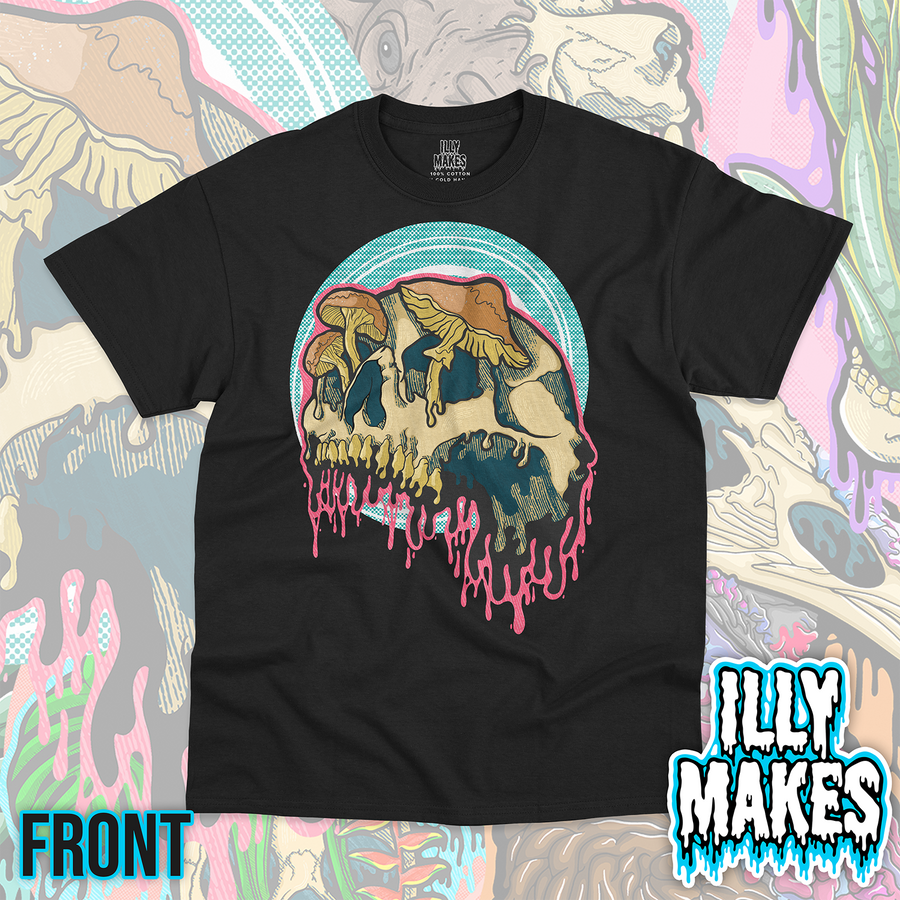 Black unisex tee featuring the Drippy Mushroom Skull 1 design by Illymakes, with a large skull, brown mushrooms, teal circular background, and bright pink dripping details.