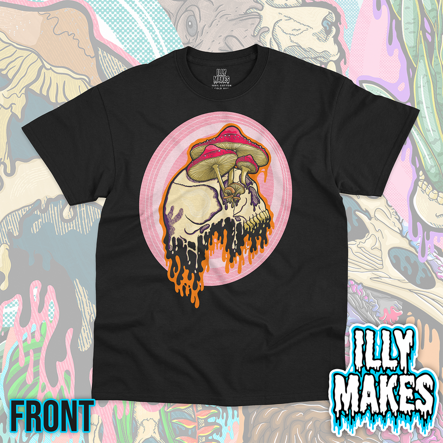Black unisex tee featuring an original Illymakes drippy mushroom skull design with pink, orange, cream, and earthy mushroom artwork on the front.