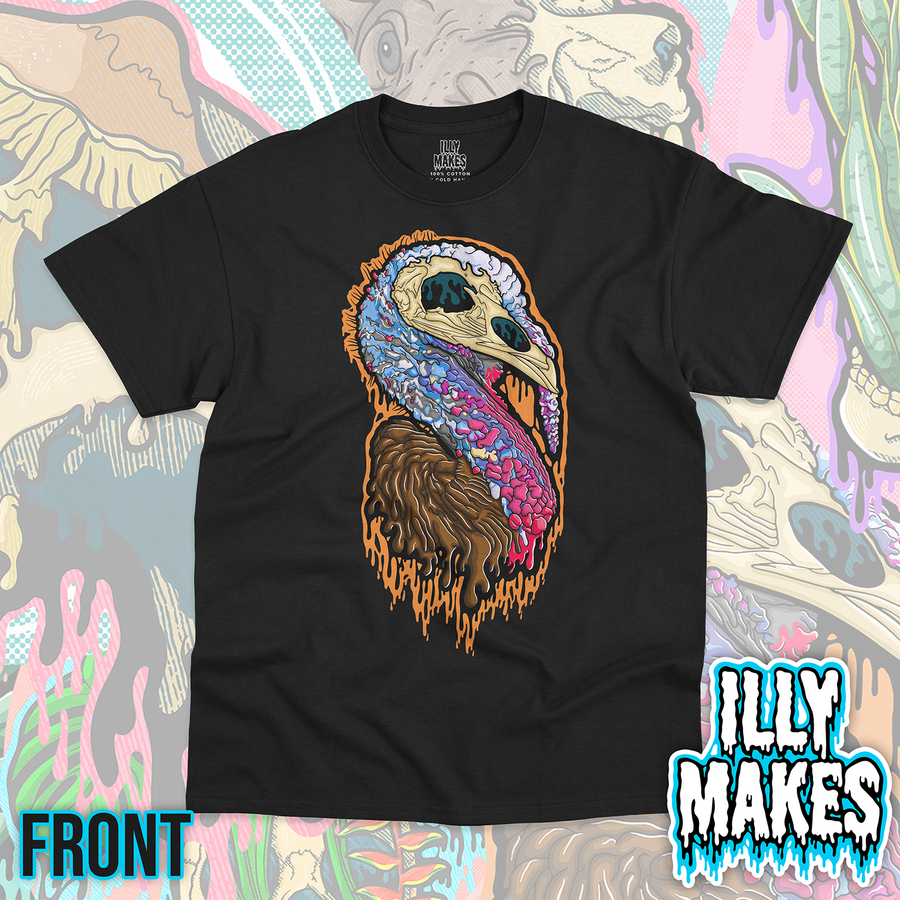 Black unisex tee featuring the Drippy Turkey Skull design by Illymakes, with a detailed turkey skull, colorful feathers, and orange dripping details.