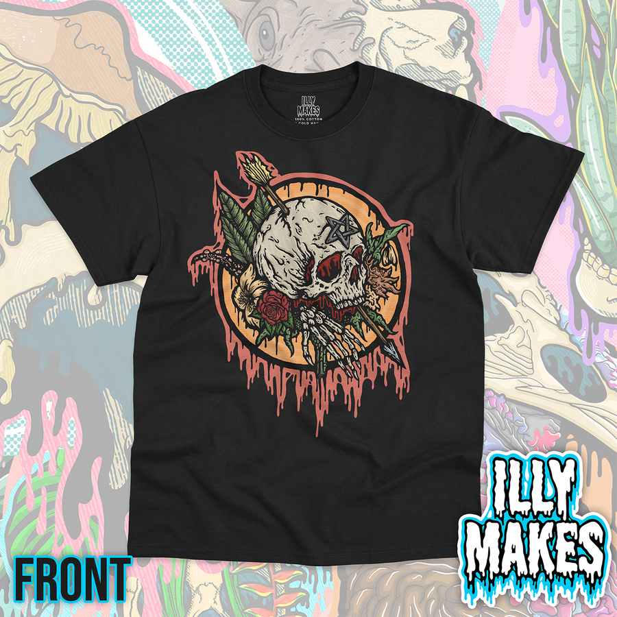 Black unisex tee featuring the Drippy Dark Art Skull Collab design by Illymakes and Maxwell Aston, with a detailed skull, roses, arrows, bones, occult-inspired symbols, and muted red dripping accents.