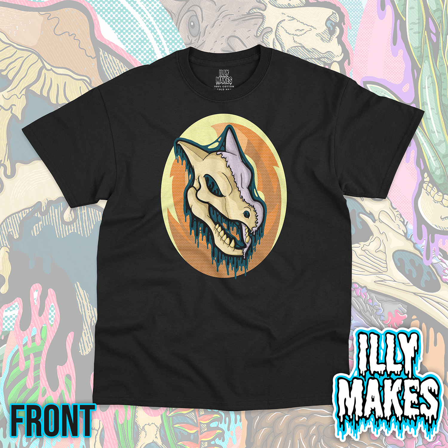Black unisex tee featuring the Drippy Flying Fossil Skull design by Illymakes, with a prehistoric creature skull, blue dripping details, lavender fossil accents, and an amber fossil shape in the background.