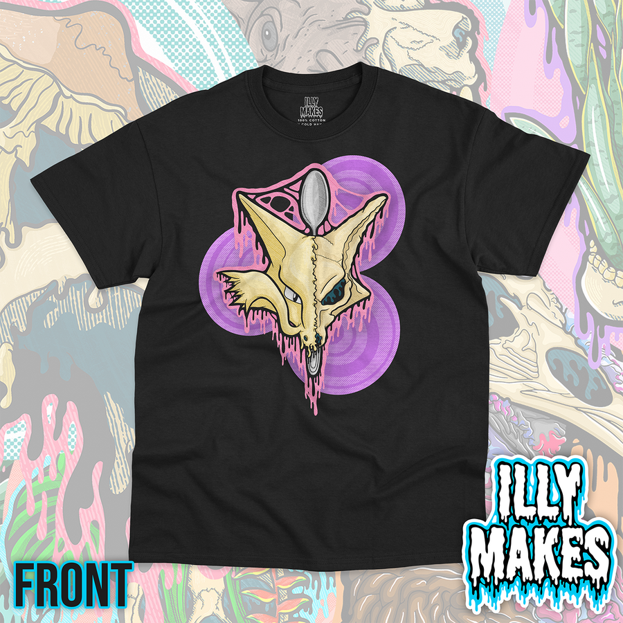 Black unisex tee featuring the Drippy Psychic Fox Skull design by Illymakes, with a sharp-eared skull, spoon detail, purple circular background shapes, and pink dripping accents.