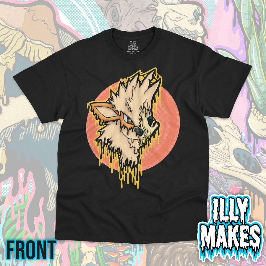 Black unisex tee featuring the Drippy Fire Hound Skull design by Illymakes, with a cream and orange canine-like face, half skull detail, yellow dripping accents, and a coral circular background.