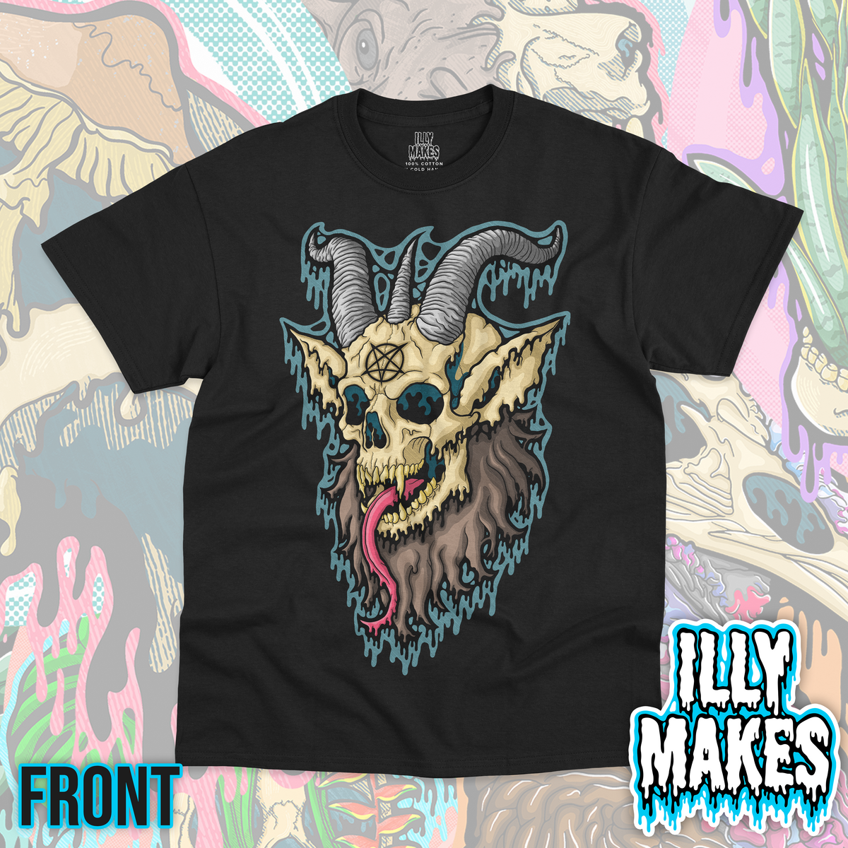 Black unisex tee featuring the Drippy Baphomet Skull 2 design by Illymakes, with a horned skull, pointed ears, occult symbol, dark fur, pink tongue, and blue dripping details.